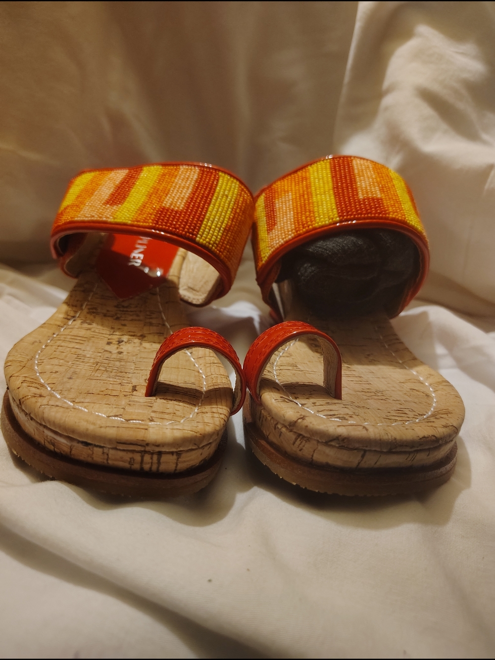 Donald Pliner Beaded Orange and Yellow Cork Slide Sandals